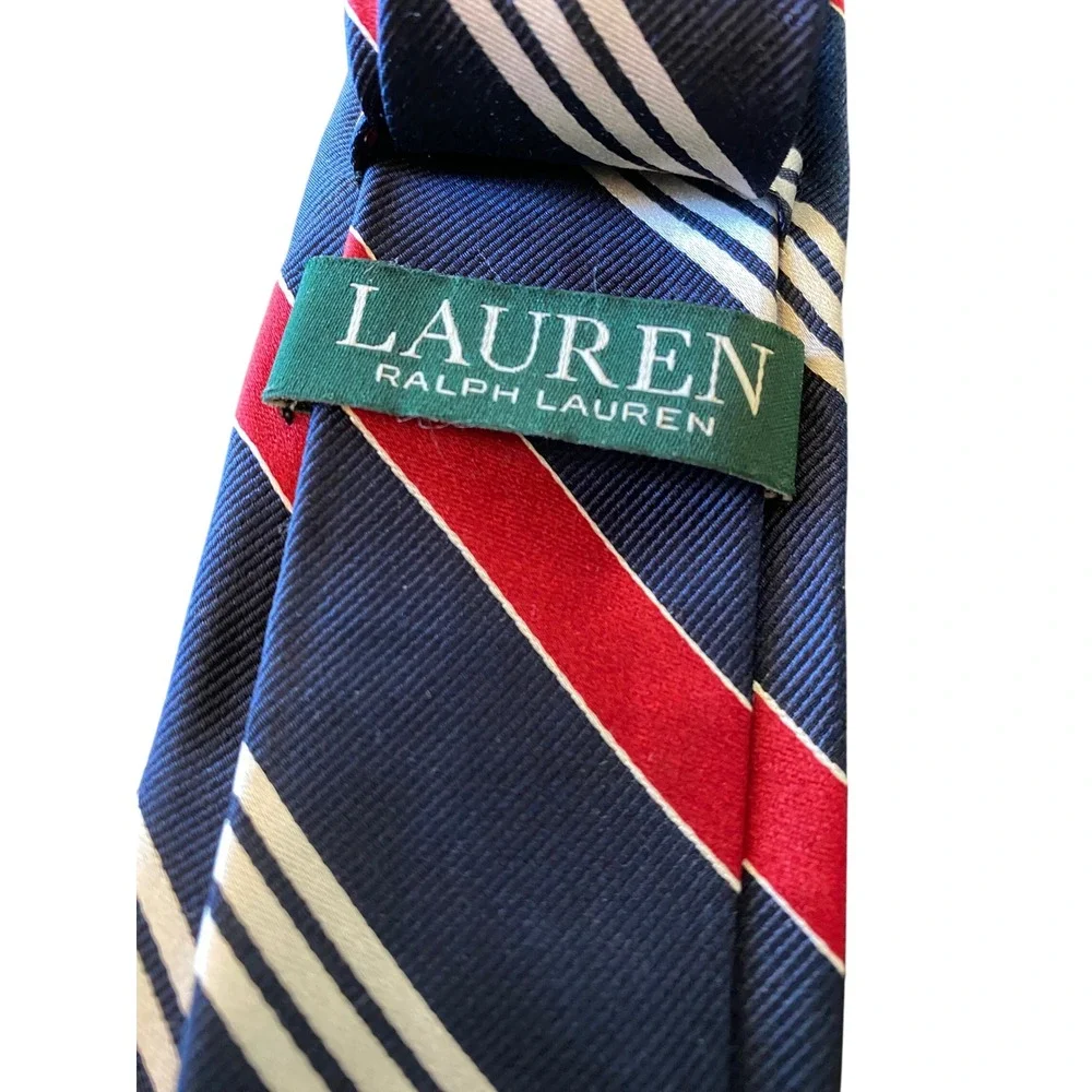 Lauren Ralph Lauren‎ Men's Navy Red White Stripe Silk Tie Classic Formal NWOT